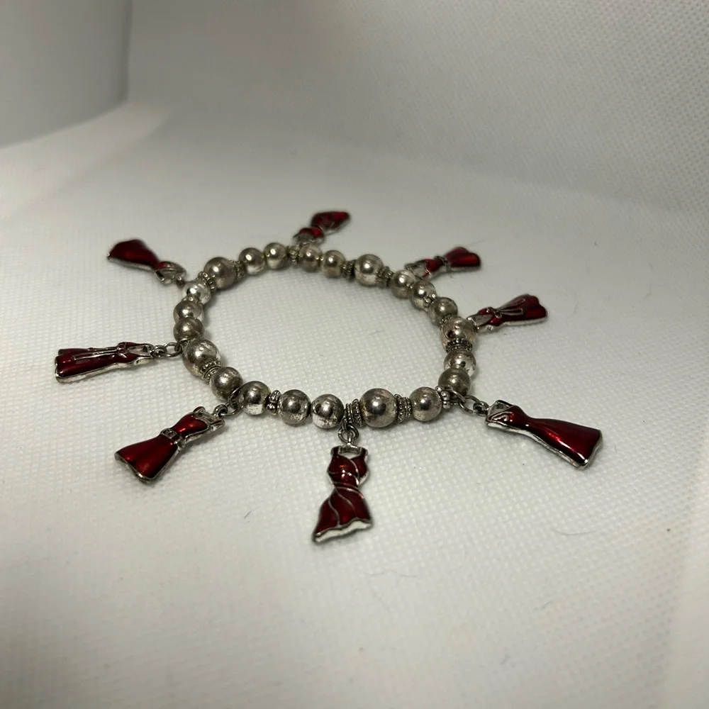 Silver Beaded Bracelet with Red Dress‎ Charms